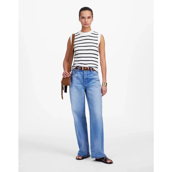 Madewell Bouclé-Knit Sweater Tank Top Crewneck Stripe Cream Black Size M NWT - Picture 1 of 10